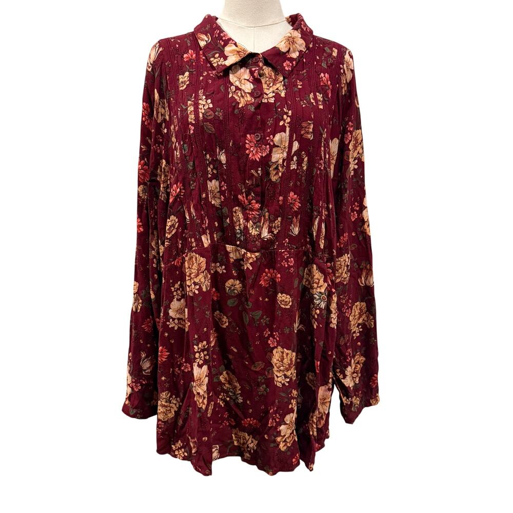 Torrid Floral Long Sleeve Button Up Burgundy Boho Romantic 5x Office Workwear